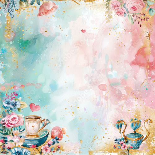 watercolor Alice in wonderland theme background, in pink, turquoise and gold colors,.    