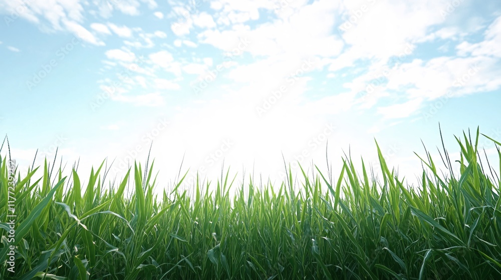 Lush Green Grass Field Under Bright Blue Sky with Beautiful Fluffy Clouds Lush Green Grass Field Under Bright Blue Sky with Beautiful Fluffy Clouds
