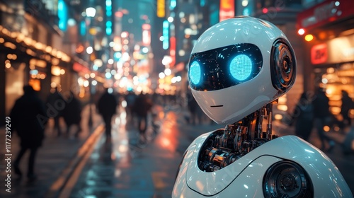 Wallpaper Mural Futuristic Humanoid Robot with Neon City Background – Advanced AI Technology Concept  Torontodigital.ca