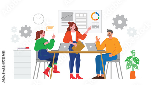 An illustration of team collaboration on process management, showing professionals working together around a large digital screen with flowcharts, timelines, and task management tools to optimize work