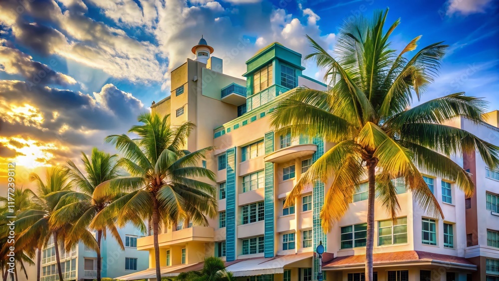 Fototapeta premium Art Deco South Beach Miami Hotel - Elegant Exterior with Palm Trees and Ocean View