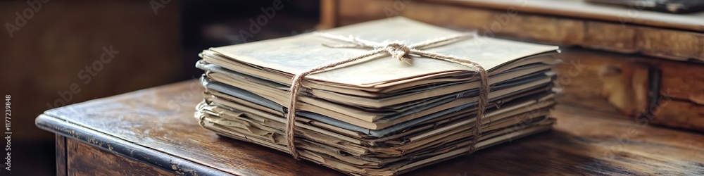 A stack of journals tied with string on a vintage wooden desk A stack of journals tied with string on a vintage wooden desk