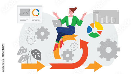 An illustration of a process flow, featuring analytical charts, gears, and interconnected steps, symbolizing the seamless integration of data analysis and mechanical processes for efficient workflow m