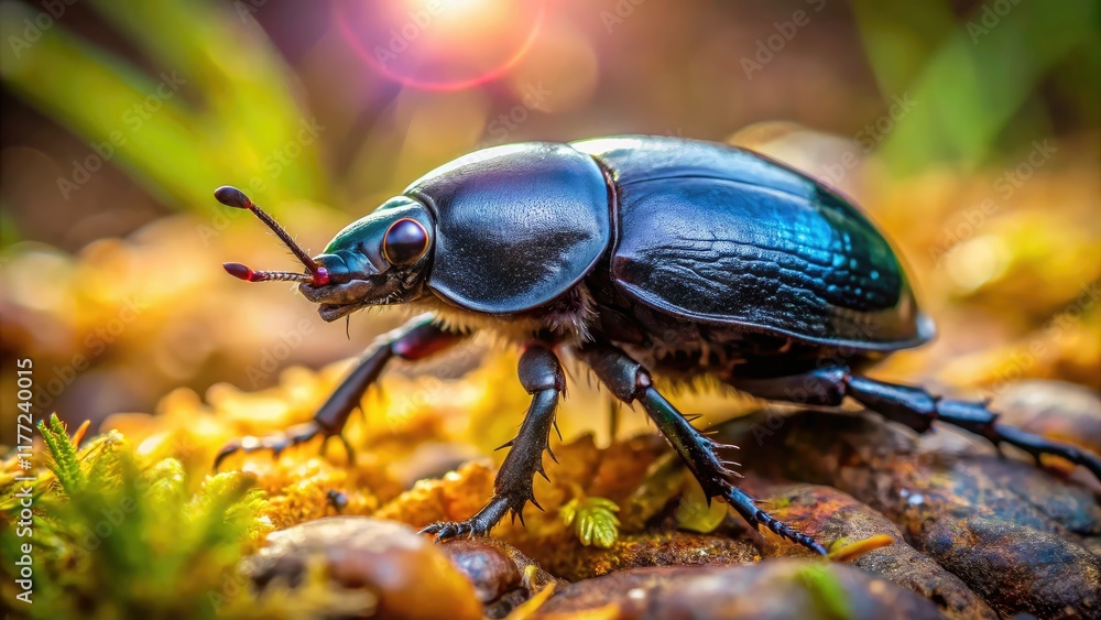 Miniature world: Tilt-shift macro reveals a black dung beetle's intricate detail. Miniature world: Tilt-shift macro reveals a black dung beetle's intricate detail.