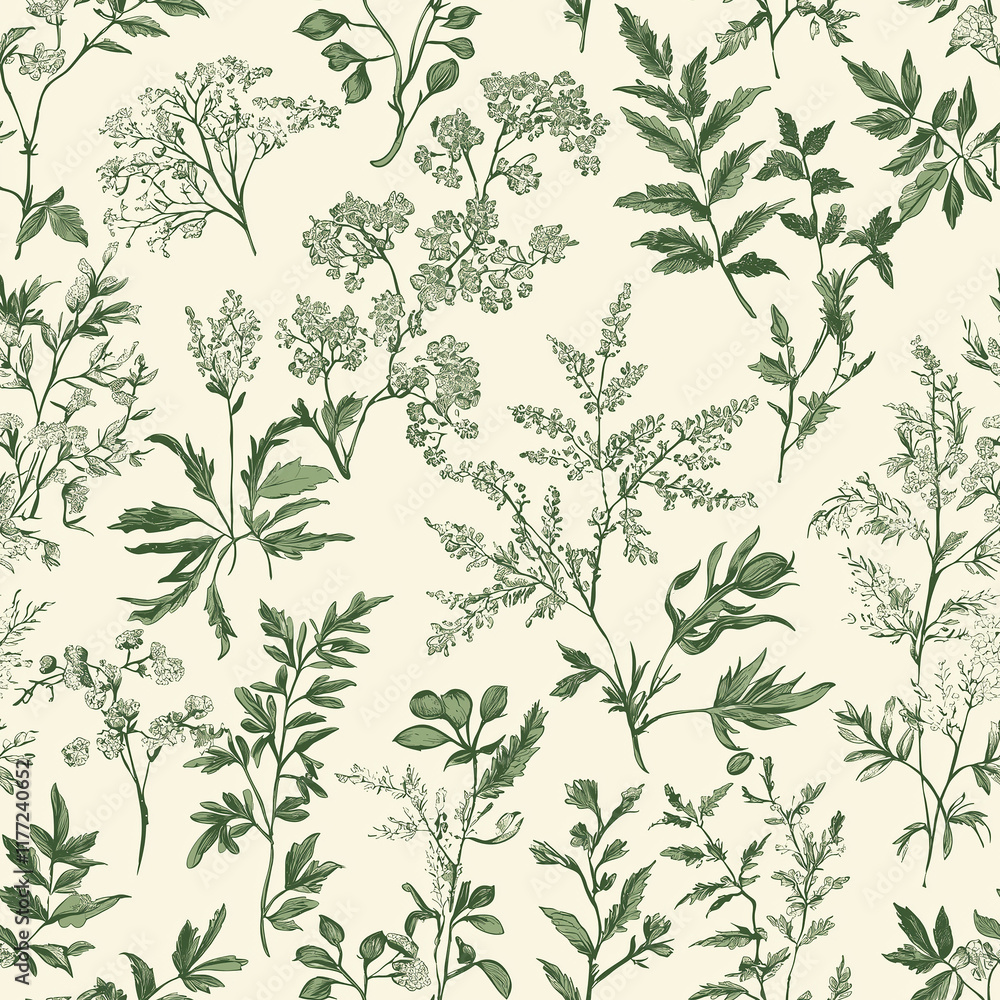 Elegant toile de jouy seamless pattern of green botanical illustrations interior design nature-inspired textile art vintage aesthetic Elegant toile de jouy seamless pattern of green botanical illustrations interior design nature-inspired textile art vintage aesthetic