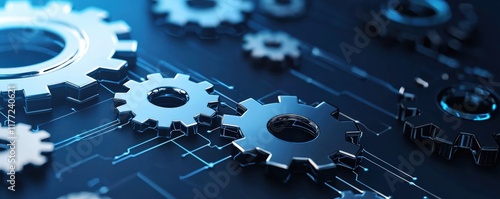 A close-up view of metallic gears on a digital background, representing technology, machinery, and intricate engineering.