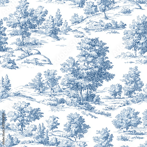 Toile de jouy seamless pattern design nature scene decorative fabric scenic environment aesthetic viewpoint timeless concept for stylish interiors photo