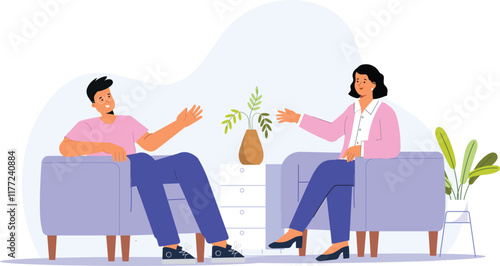An illustration of a casual discussion talk show, featuring hosts and guests engaging in conversation on comfortable seating with a stylish set, highlighting microphones, cameras, and a relaxed atmosp