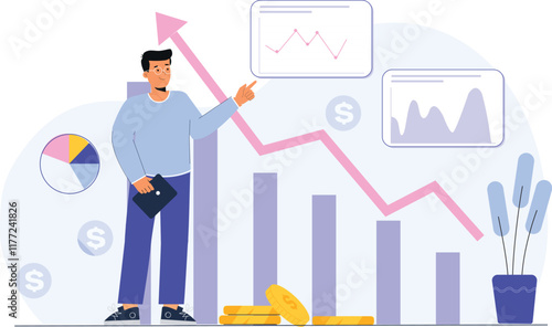 An illustration of a dynamic trading app for stock market insights, featuring a mobile device displaying real-time market data, stock charts, and interactive features like buy/sell buttons and trend i