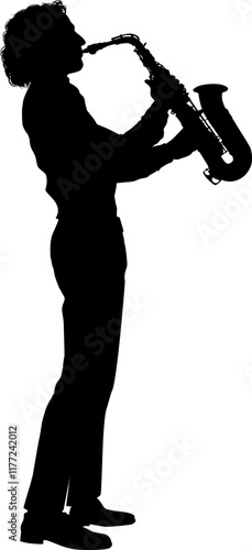 silhouette of saxophonist with lush hair playing saxophone isolated on white background