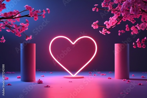 A 3D podium Valentine's Day background featuring pink, red, and white cylinder pedestals, a glowing neon heart-shaped backdrop, geometric platforms, and a minimal wall scene, designed for mockup produ