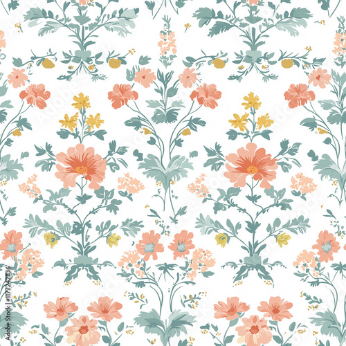 Floral pattern featuring pastel colors with a white background, showcasing a variety of blossoms in a symmetrical arrangement.