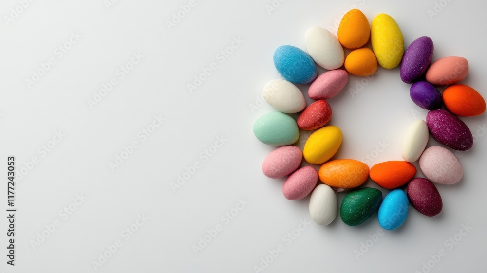 Obraz premium Colorful eggs arranged in circular pattern on white background