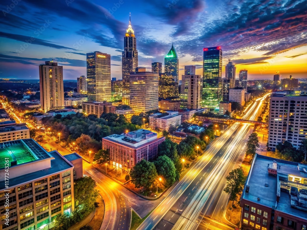 Fototapeta premium Atlanta Midtown Night Lights: Vibrant Cityscape at Dusk - Stock Photo