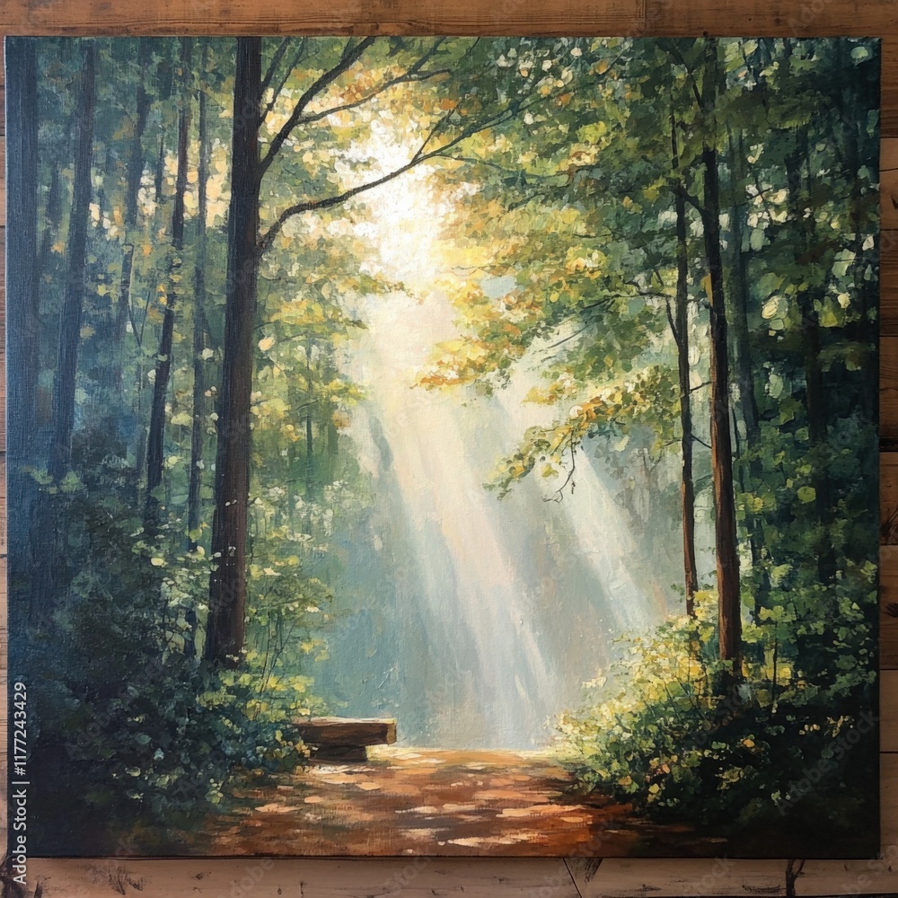 sunlight shining through trees in a forest with a bench along a path sunlight shining through trees in a forest with a bench along a path