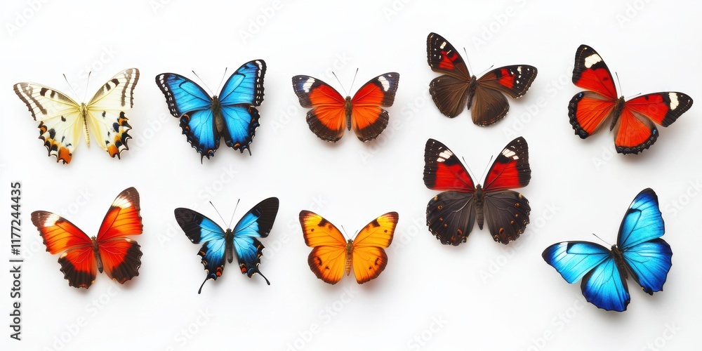 Fototapeta premium Colorful variety of butterflies arranged artfully on a white background showcasing their vibrant wings