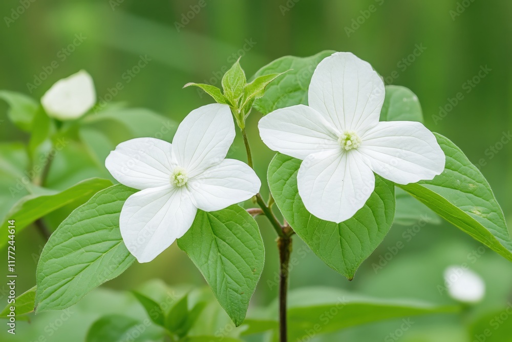Beautiful White Dogwood Flowers Blooming in Lush Green Nature Setting Beautiful White Dogwood Flowers Blooming in Lush Green Nature Setting