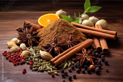 A collection of whole spices like cinnamon sticks, star anise, and cardamom pods, surrounded by piles of colorful ground spices on a weathered wooden table photo