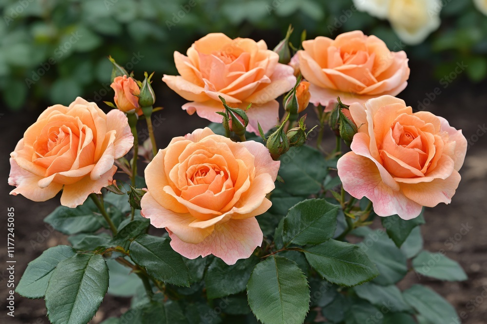 Beautiful Peach Roses in Bloom Surrounded by Green Leaves in a Garden Setting Beautiful Peach Roses in Bloom Surrounded by Green Leaves in a Garden Setting