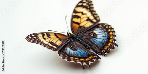 Colorful butterfly resting on a white surface with intricate patterns and vibrant hues