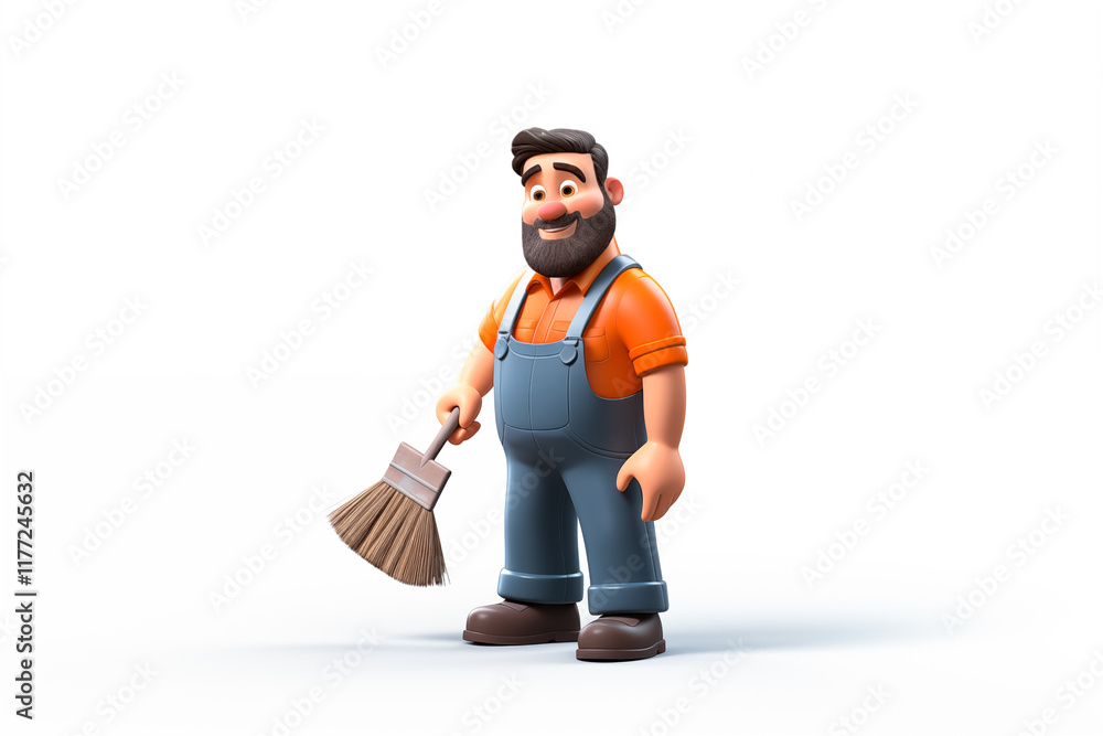 3D illustration of a janitor with a broom on a white isolated background. Image created with AI 3D illustration of a janitor with a broom on a white isolated background. Image created with AI