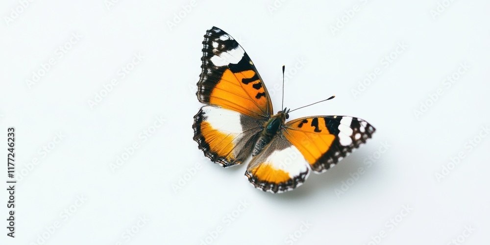 Butterfly resting on a light surface showcases vibrant orange and black wings in a detailed close-up view Butterfly resting on a light surface showcases vibrant orange and black wings in a detailed close-up view