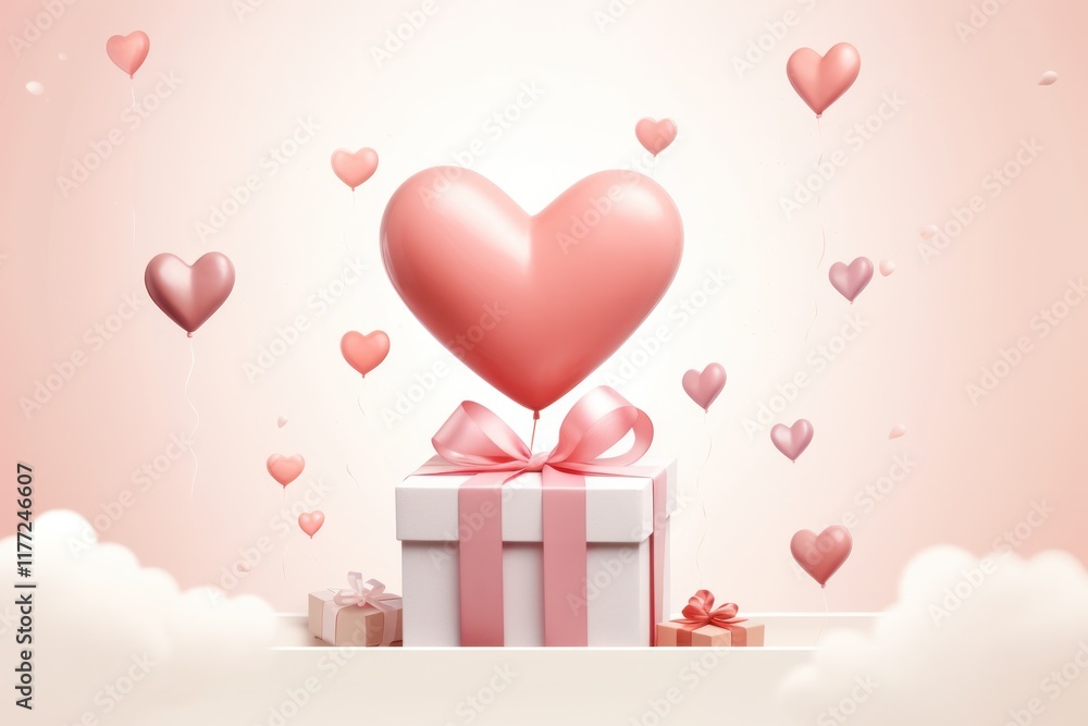 An elegant gift box with a floating heart balloon above it, accompanied by An elegant gift box with a floating heart balloon above it, accompanied by