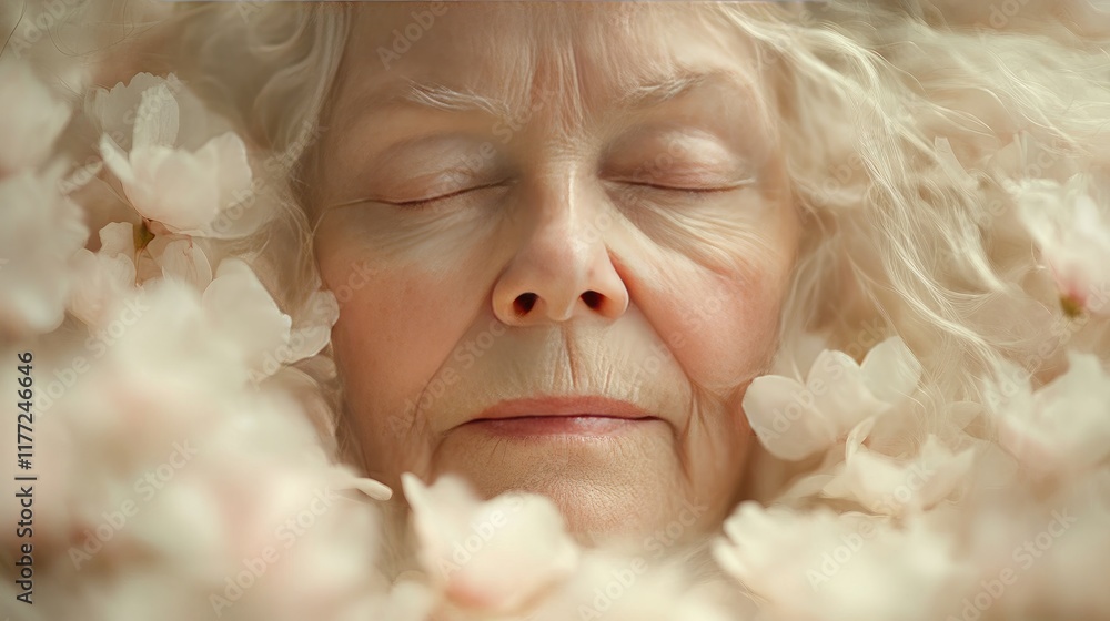 Serene elderly woman, surrounded by blossoms, peaceful expression, spring, for wellness ads Serene elderly woman, surrounded by blossoms, peaceful expression, spring, for wellness ads