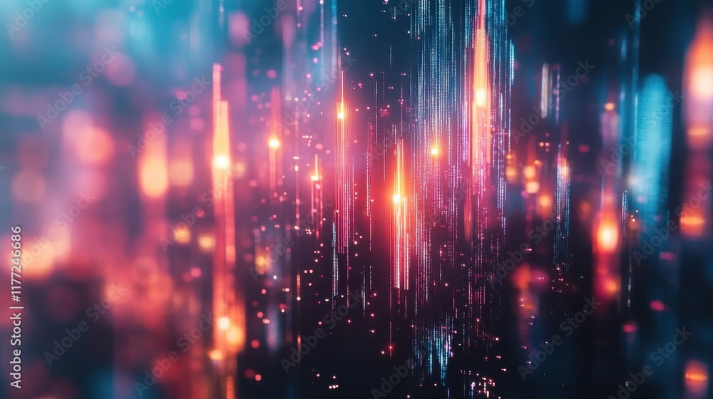 Abstract glowing big data forex candlestick chart on blurry city backdrop. Trade, technology, investment and analysis concept. Double exposure