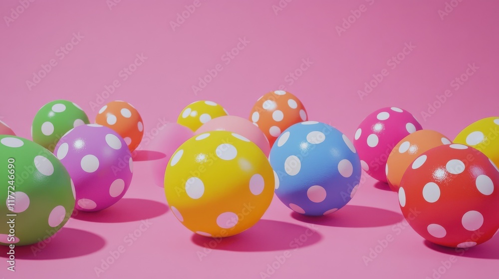 Vibrant Easter eggs with polka dots in multiple colors rest on a pink background, representing celebration, festivity, and the joy of spring's renewal. Vibrant Easter eggs with polka dots in multiple colors rest on a pink background, representing celebration, festivity, and the joy of spring's renewal.