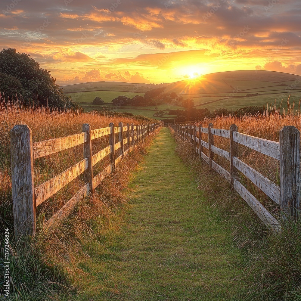 Obraz premium Fenced grassy path at sunset over rolling hills