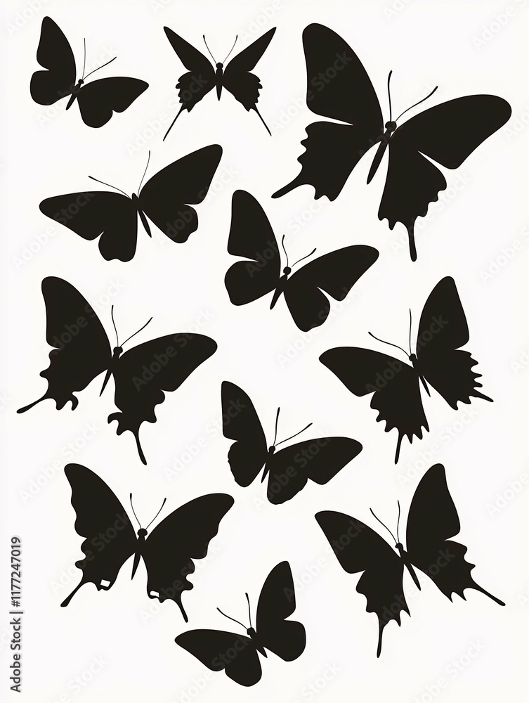 Fototapeta premium A set of butterfly silhouettes offers a graceful array of intricate shapes against a solid backdrop, perfect for enhancing design projects, stationery, or creative presentations.