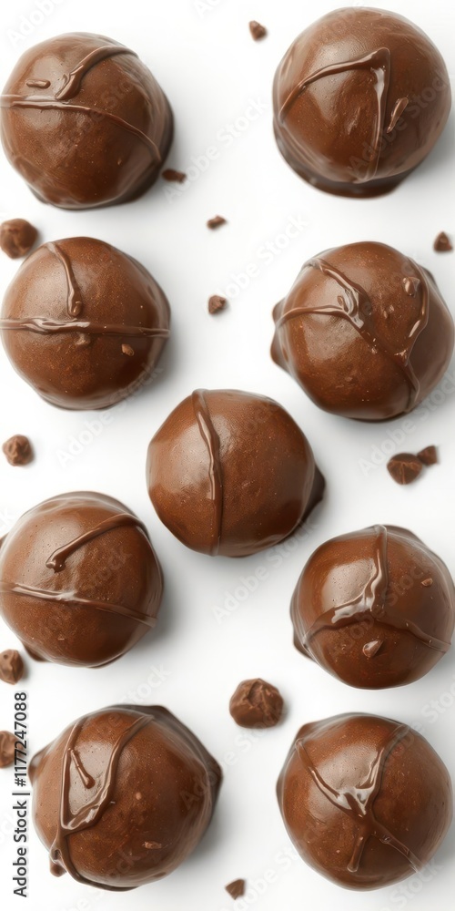 Fototapeta premium Six decadent chocolate truffles, glossy and perfectly formed, set against a pristine white background, appetizing, homemade