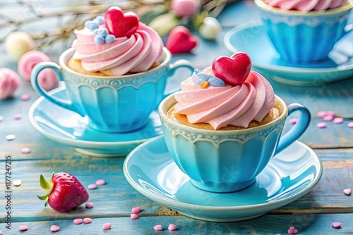 Romantic blue and pink heart-shaped cups overflow with Valentine's Day dessert delights. photo