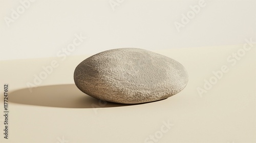 Photorealistic image of a single smooth pebble on a beige background, capturing natural minimalist elegance
