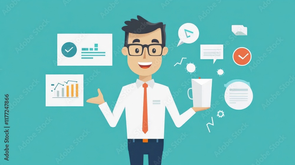 Cheerful businessman presenting data and analytics in a professional setting with digital graphs, icons, and communication elements in a modern design Cheerful businessman presenting data and analytics in a professional setting with digital graphs, icons, and communication elements in a modern design