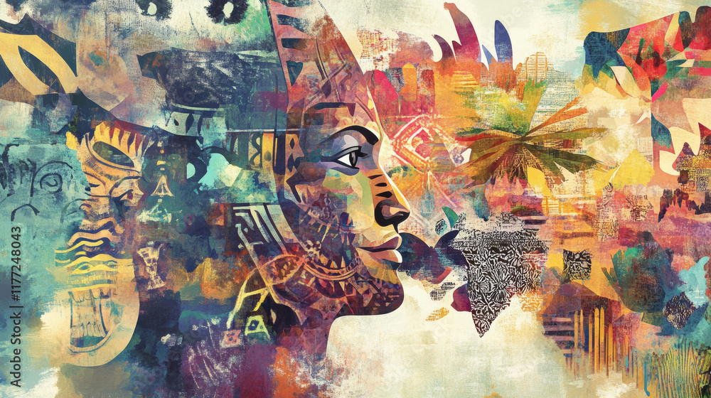 Fototapeta premium Artistic overlay of continents with cultural patterns, showcasing vibrant colors and intricate designs. This piece reflects diversity and richness of global cultures