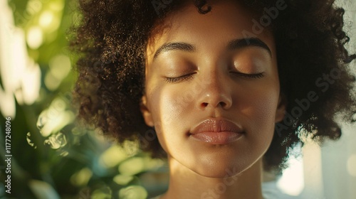 A close-up captures a person meditating in natural light, surrounded by guided resources, showcasing their focused expression and mindfulness techniques. photo