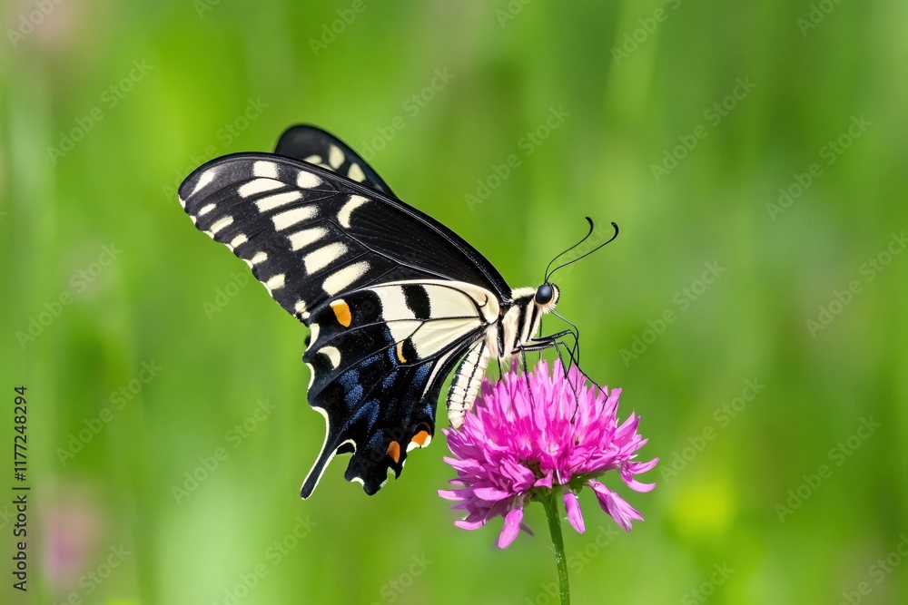 Elegant black and white butterfly perched on vibrant pink flower in natural setting Elegant black and white butterfly perched on vibrant pink flower in natural setting