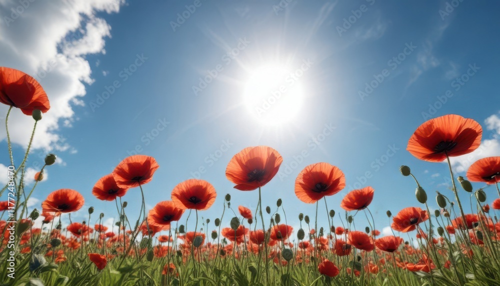 Fototapeta premium Sun-drenched poppies swaying gently, blue sky , plant, blossom
