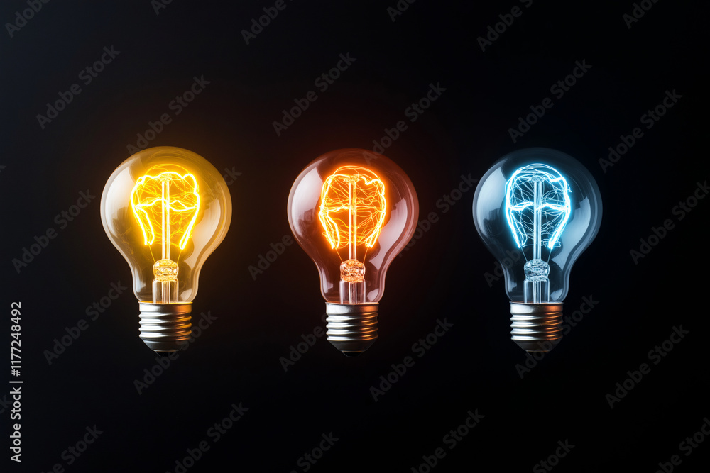 Bright light bulbs glowing in various colors, showcasing creativity and innovation. warm yellow, vibrant orange, and cool blue lights symbolize different ideas and inspiration Bright light bulbs glowing in various colors, showcasing creativity and innovation. warm yellow, vibrant orange, and cool blue lights symbolize different ideas and inspiration
