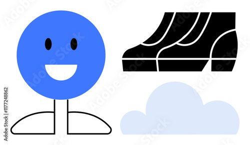 Blue smiling face with simple lines, black sneakers, and light blue cloud. Ideal for happiness, simplicity, casual, fitness, outdoor positivity abstract. Represents minimalist playful abstract