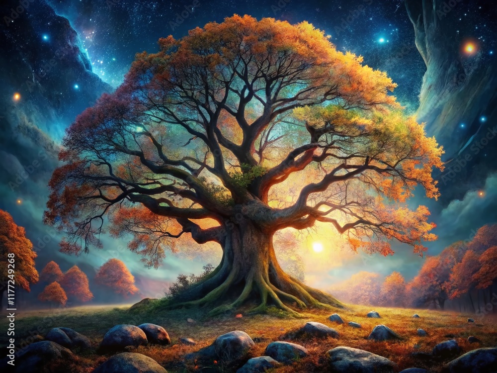 Autumn Oak Tree with Mossy Roots - Watercolor Night Photography Stock Photo Autumn Oak Tree with Mossy Roots - Watercolor Night Photography Stock Photo
