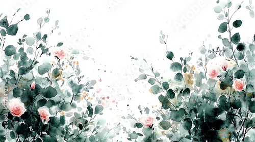 Watercolor floral border with delicate pink roses and eucalyptus leaves, soft brushstrokes, loose painting style, white background, translucent petals photo