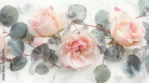 Watercolor floral border with delicate pink roses and eucalyptus leaves, soft brushstrokes, loose painting style, white background, translucent petals photo