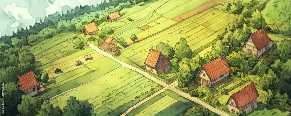 Fototapeta premium Aerial view of rustic countryside with farms and meadows, showcasing charming houses and lush greenery. serene landscape evokes sense of tranquility and simplicity