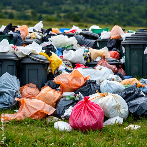 31.A close-up of numerous overflowing garbage bins and plastic waste bags scattered across a grassy field. The nature background contrasts with the unsightly litter, drawing attention to the issue of photo