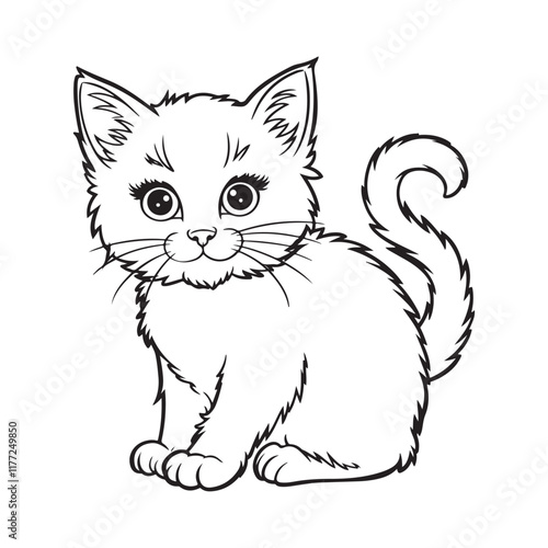 Illustration of a kitten, line art of cartoon cat or kitten.