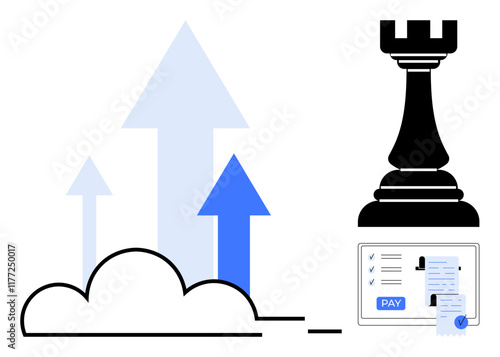 Rising arrows from a cloud with a chess rook symbolizing strategic planning and a payment form suggesting transaction success. Ideal for business growth, cloud computing, strategy, finance, payments
