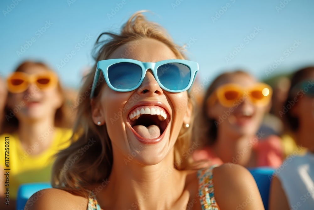 A vibrant outdoor festival scene capturing friends wearing bright sunglasses, all expressing joy and excitement, highlighting the essence of fun and togetherness.